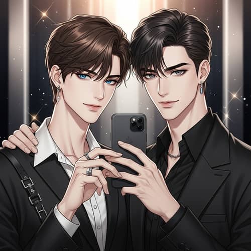 Chic Black and White Fashion Scene with Romantic Korean Couple