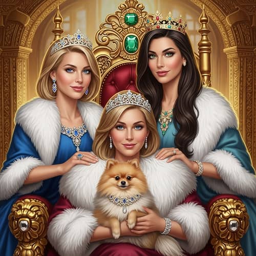 Opulent Portrait of Three Regal Women with Pomeranian Dog