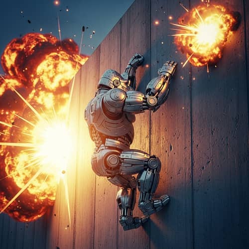 Gorilla-Shaped Robot Climbing Wall with Comic-Style Explosions