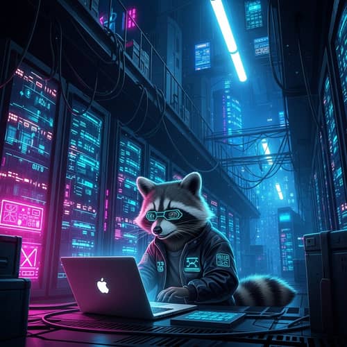 Cyberpunk Digital Art: Futuristic Data Center with Mischievous Raccoon