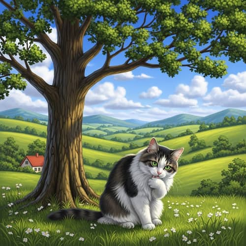 Tranquil Countryside Scene with Domestic Cat