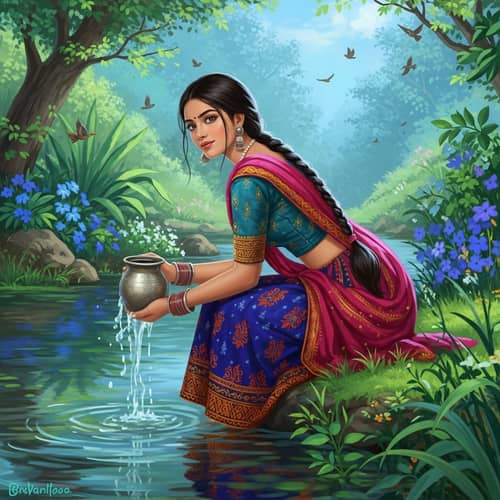 Beautiful South Asian Woman Collecting Fresh Water from River