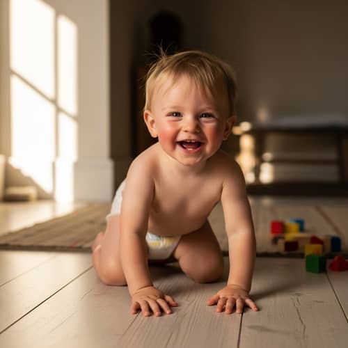 Joyful Caucasian Toddler in Warmly Lit Room