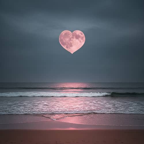 Tranquil Ocean Beach with Heart Pink Moon | Ethereal View