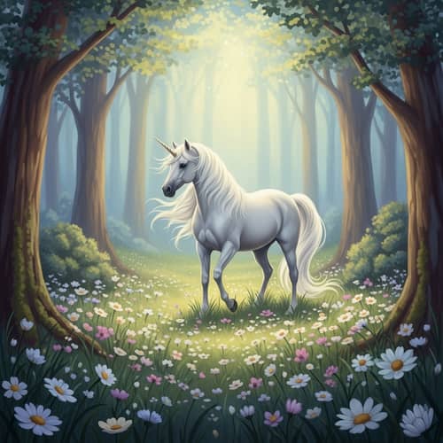 Mystical Forest Glade with Unicorn among Wildflowers