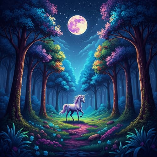 Mystical Moonlit Forest with a Prancing Unicorn