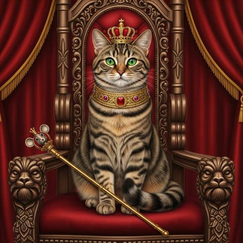 Regal Queen Cat on Throne with Multicolored Fur Pattern