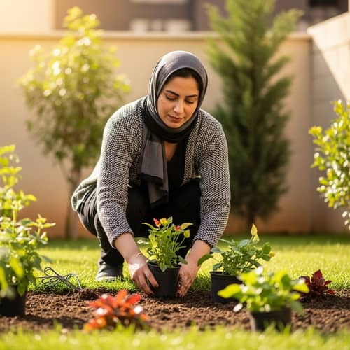 Middle-Eastern Woman Gardening: Planting Colorful Plants in Sunlit Garden