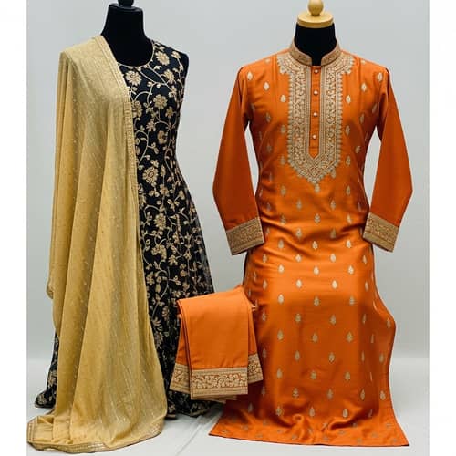 Elegant Orange Kurta Set with Gold Embroidery | High Quality