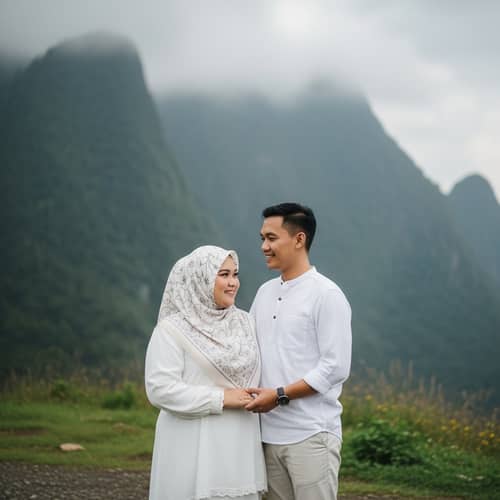 Romantic Southeast Asian Couple Against Mountain Scenery