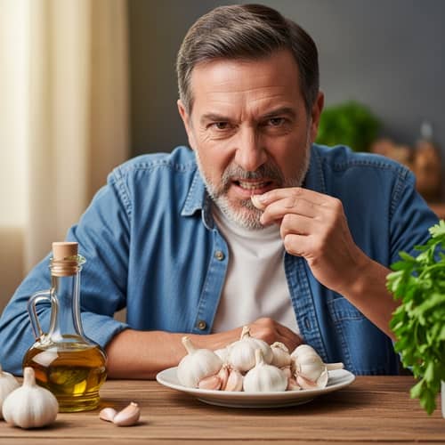 Middle-Aged Hispanic Man Biting Garlic | Mediterranean Scene