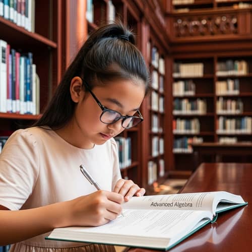Intelligent Asian Girl Studying Algebra in Library