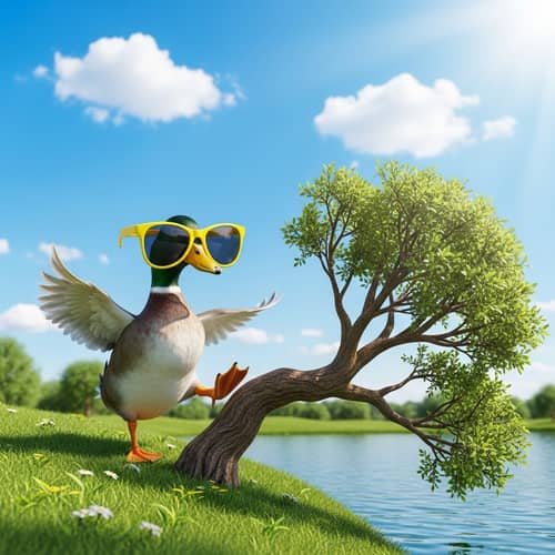 Humorous Duck Scene with Oversize Sunglasses | Park Pond