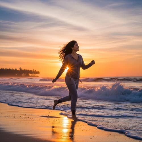 Captivating South Asian Woman Joyfully Running on Stunning Beach
