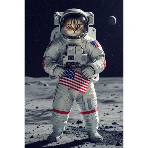 Feline Astronaut on Moon Holding American Flag | Hyperrealistic Space Art