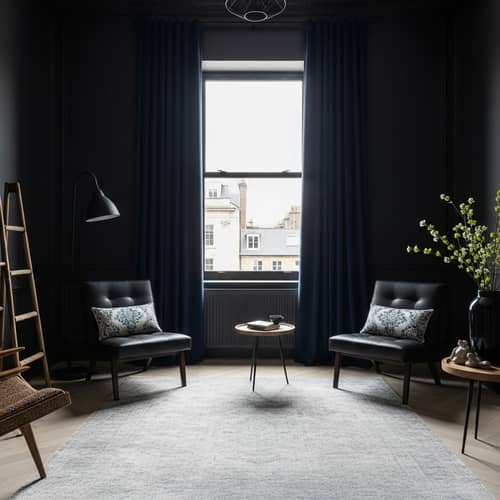 Enigmatic Black Room with Navy Blue Curtains