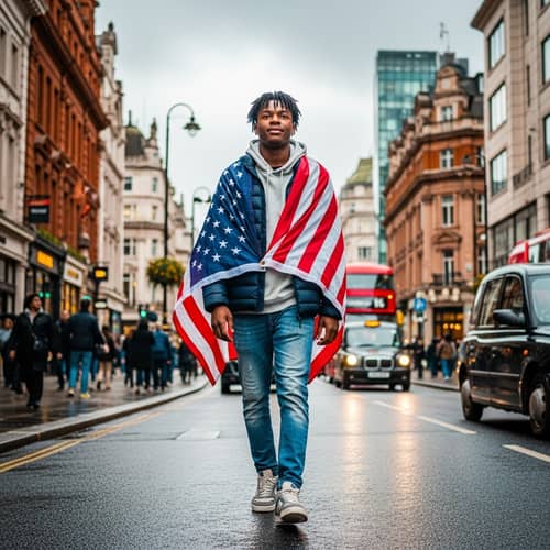 Young Black Male Student with American Flag in London Street