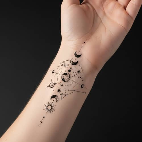 Celestial Astronomy Tattoo Design for Wrist - Minimalistic Stars & Planets