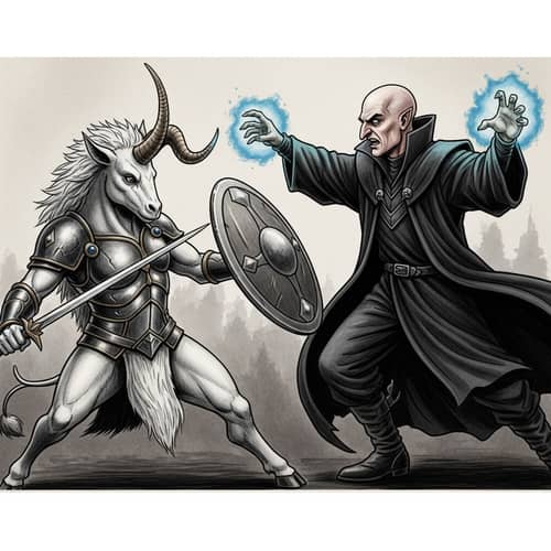 Mythological One-Horned Creature Confronts Male Wizard | Fantasy Scene