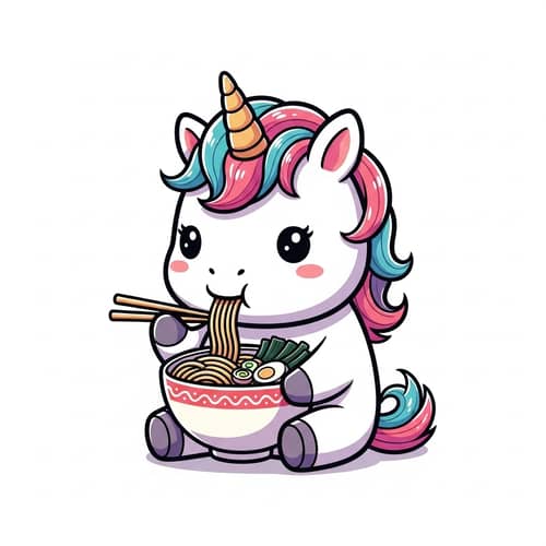 Vibrant Kawaii-Style Unicorn Enjoying Delicious Ramen Bowl