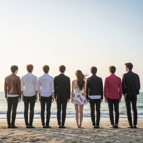 Stylish K-Pop Band and Woman on Beach at Sunset