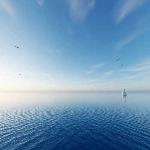 Tranquil Seascape with Setting Sun, Boat, and Seagulls