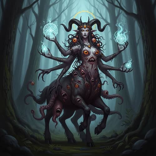 Female Centaur in Dark Forest: Haunting Figure of Power and Beauty