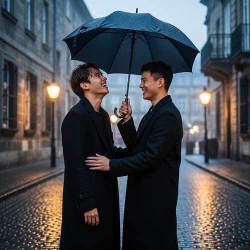 Young Asian Men Laughing in Rain Under Umbrella