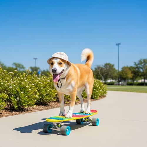 Playful Dog Skateboarding Adventure Under Sunny Blue Sky