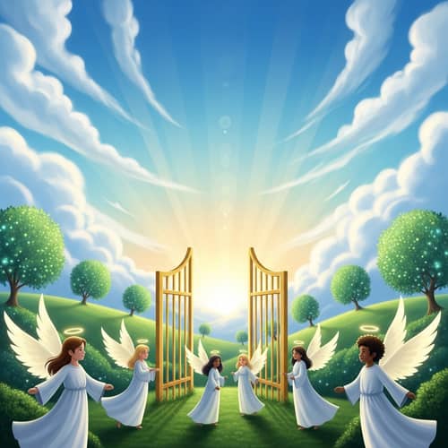 Tranquil Heaven: Ethereal Digital Art with Azure Sky and Golden Gates
