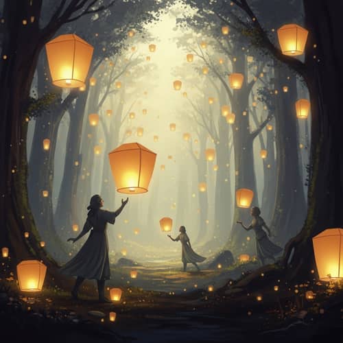 Enchanted Forest with Floating Lanterns | Fantasy Digital Painting