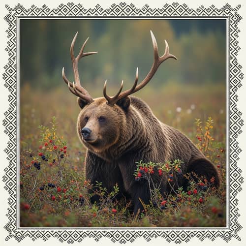 Serene Scene: Brown Bear with Elk Antlers and Wild Berries