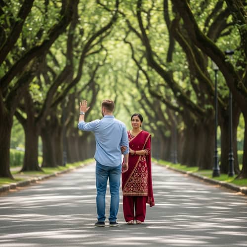 Caucasian Man & South Asian Woman Parting on Tree-Lined Street