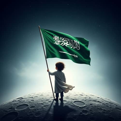 Child with Saudi Arabia Flag on Moon