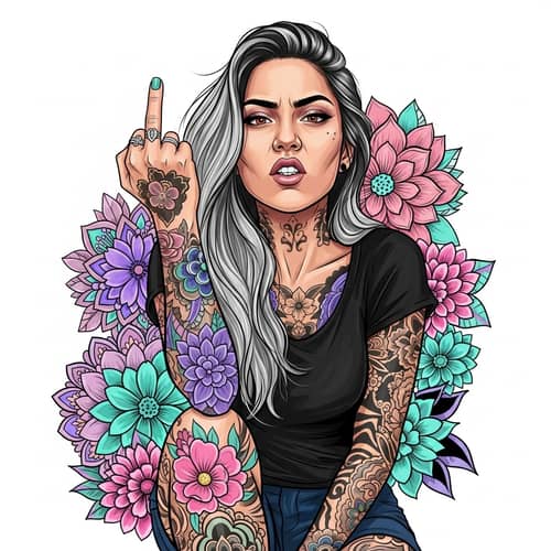 Rebellious Hispanic Woman Graffiti Art with Vibrant Tattoos