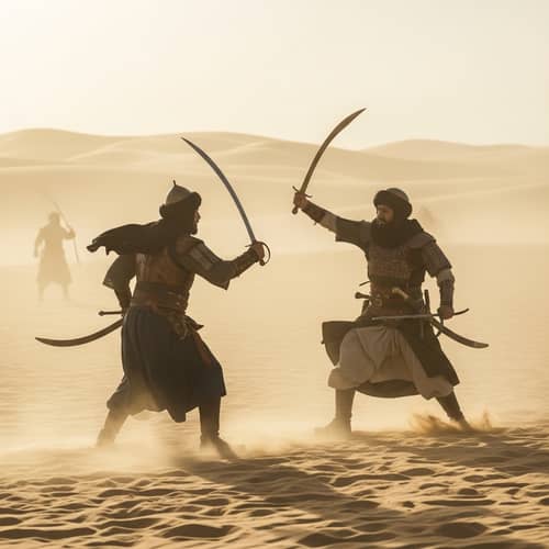 Medieval Middle-Eastern Warriors Duel in Desert Environment