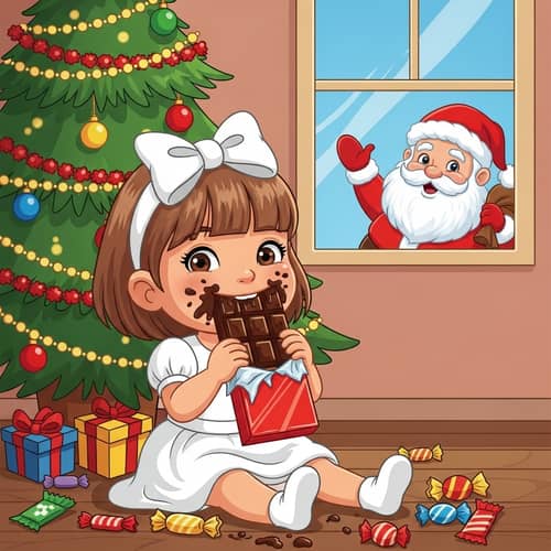 Adorable Hispanic Girl Biting Chocolate Bar at Christmas Tree