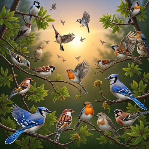 Enchanting Scene of Birds Perched on Tree Branches at Dusk