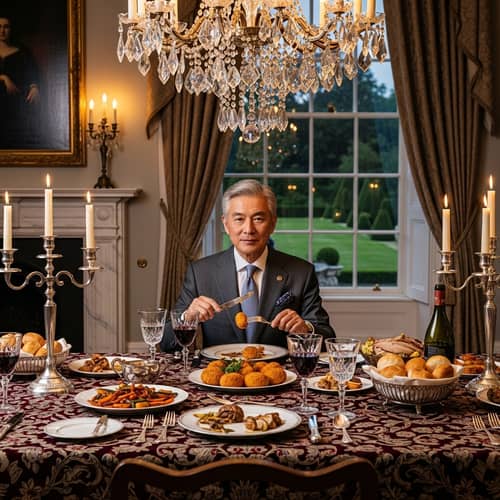Asian Governor Enjoying Croquette | Lavish Dining Scene