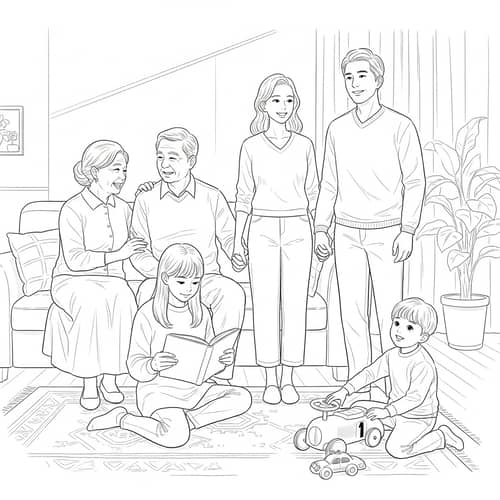East Asian Family Line Sketch - Warm Moments