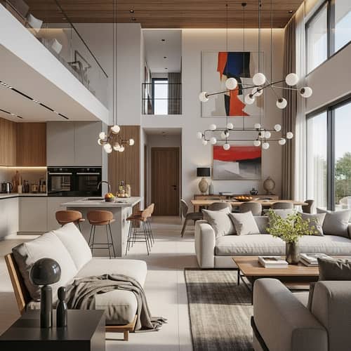 Contemporary Villa Interior Design with Open Layout, Natural Textiles & Modern Furniture