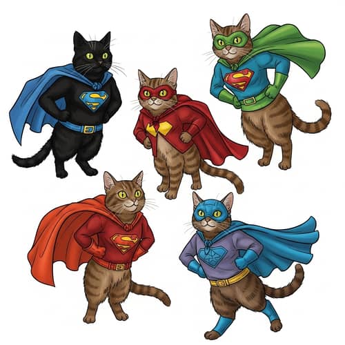 Heroic Cats in Dramatic Outfits - Vintage Comic-Inspired