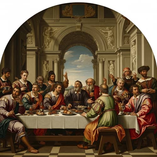 Renaissance-Inspired Oil Painting of A Diverse Group at a Baroque Feast