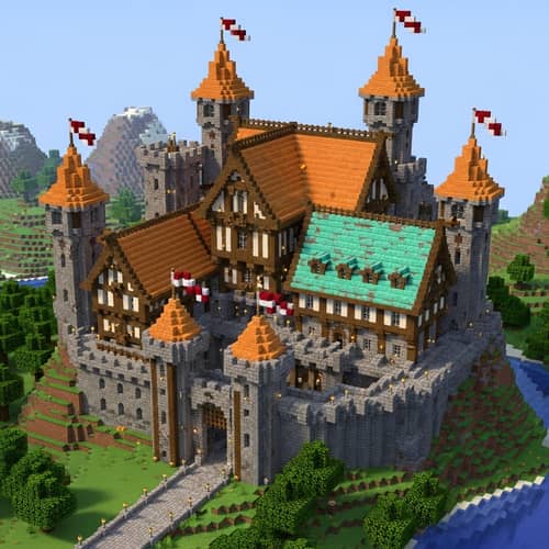 Medieval Castle on Hill with Copper Roof in Minecraft