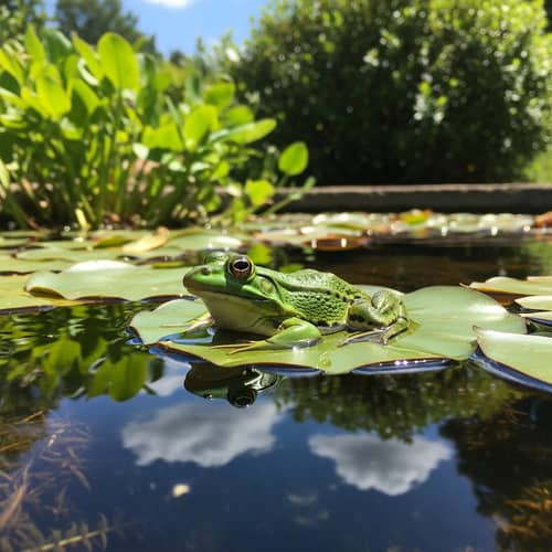 Vibrant Green Frog on Lily Pad in Serene Pond Setting