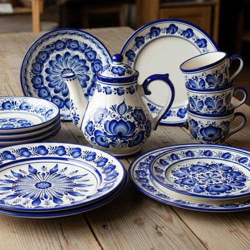 Handcrafted Gzhel Style Clay Products on Rustic Table