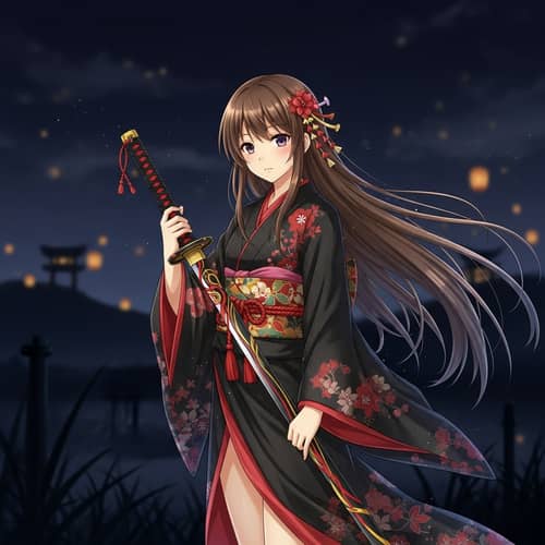 Anime Girl in Black and Red Kimono with Bronze Hair and Katana