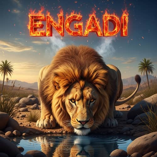 Engage with a Captivating Image of a Lion at an Oasis | Engadi