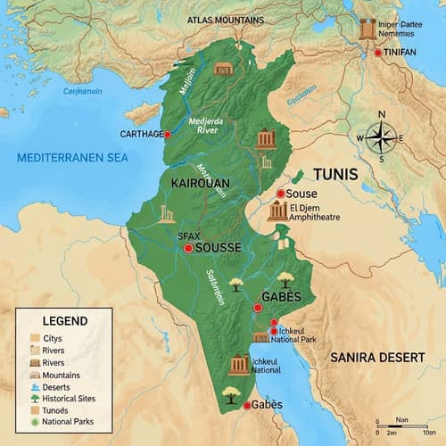 Detailed Map of Tunisia with Major Cities, Rivers & Features