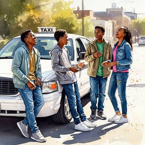 Heartwarming Watercolor Painting of African American Teenagers by White and Blue Taxi Cab